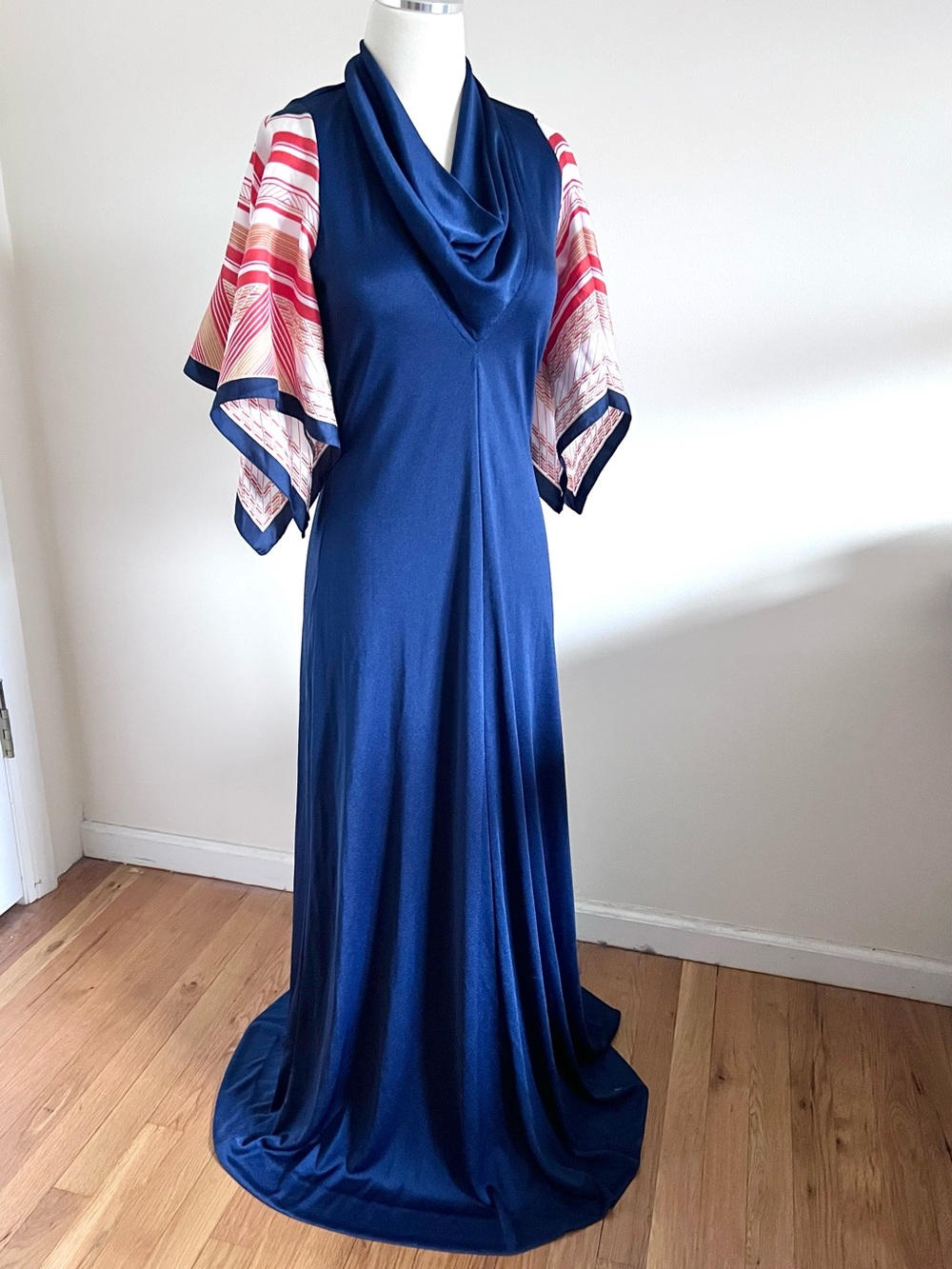 1970's Navy Blue Cowl Neck Maxi Dress with Patterned Flutter Angel Wing Sleeves